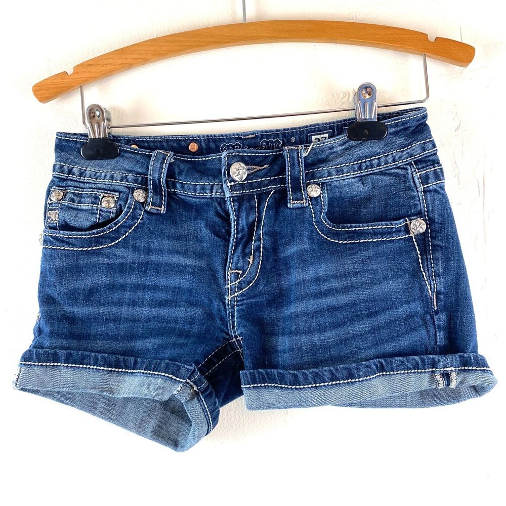Miss Me Shorts Women 27 Blue Signature Flap Pocket Bling Thick Stitch Fray Denim